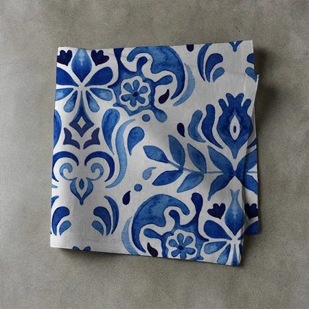 Watercolor Blue and White Tiles Pattern Customized Full Print Cloth Napkin