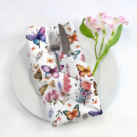 Pretty Watercolor Butterfly Floral Garden Pattern Customized Full Print Cloth Napkin