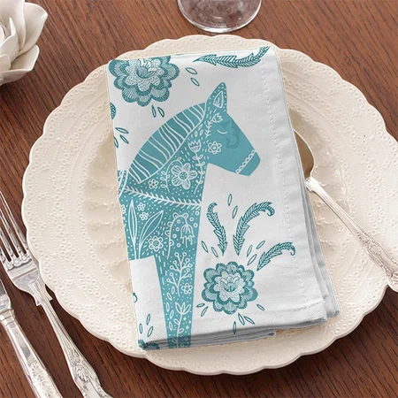 Swedish Dala Horse Teal and White Customized Full Print Cloth Napkin