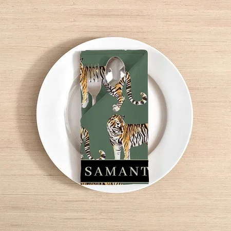 Tropical Green Watercolor Tigers Pattern With Name Customized Full Print Cloth Napkin
