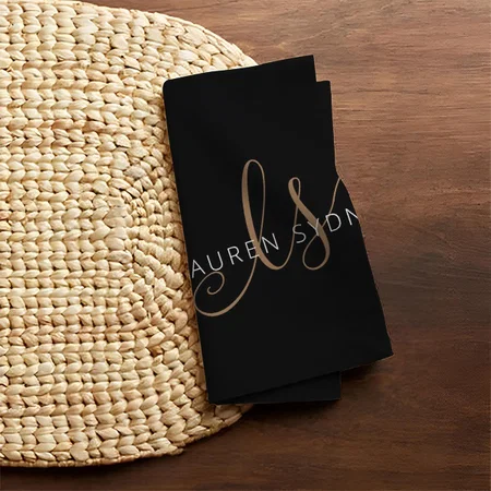 Modern Black Gold Feminine Script Monogrammed Customized Full Print Cloth Napkin