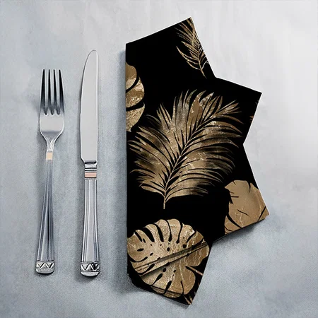 Chic Black Gold Tropical Leaves Customized Full Print Cloth Napkin