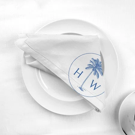 Blue and White Palm Palmetto Tree Monogram Customized Full Print Cloth Napkin