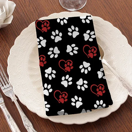 Pattern Of Paws, White Paws, Red Paws, Hearts Customized Full Print Cloth Napkin