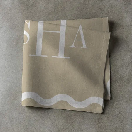 White on Beige Three Letter Monogram Wavy Customized Full Print Cloth Napkin