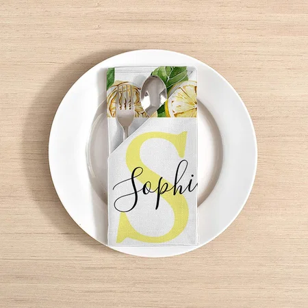Modern Yellow Lemons Frame & Leaves With Name Customized Full Print Cloth Napkin