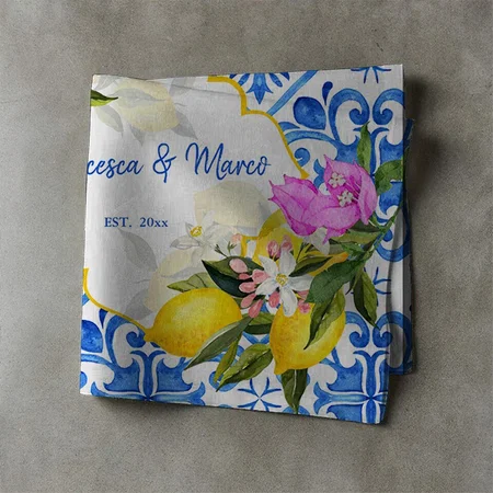 Blue Tiles Lemon Bougainvillea Custom Wedding Gift Customized Full Print Cloth Napkin