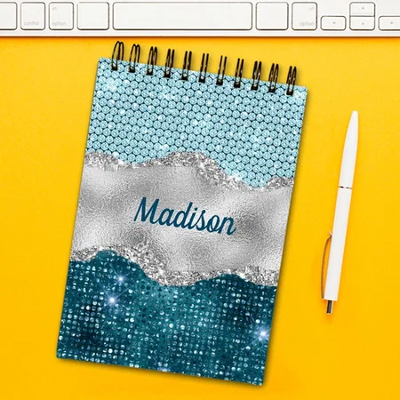 Chic Girly Teal Mint Green Glitter Silver Monogram Customized Photo Printed Notepad