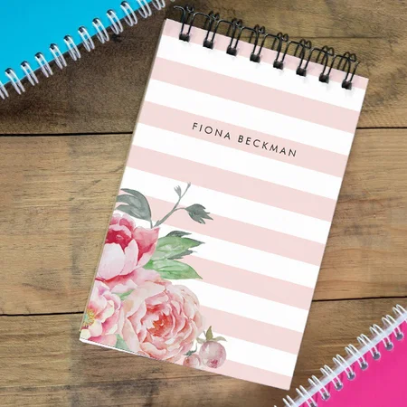 Pink Watercolor Peony & Blush Stripe Customized Photo Printed Notepad