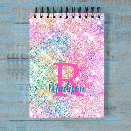 Cute Iridescent Unicorn Pink Faux Glitter Monogram Customized Photo Printed Notepad