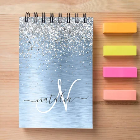 Blue Brushed Metal Silver Glitter Monogram Customized Photo Printed Notepad