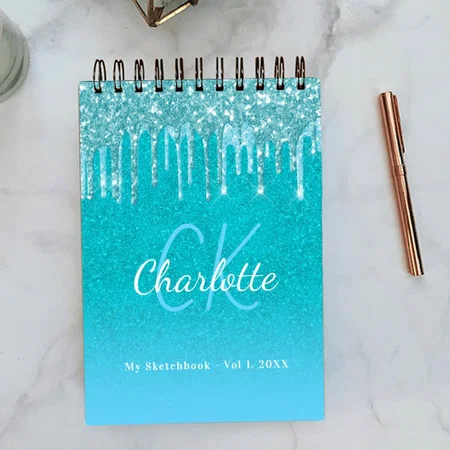 Sketchbook Teal Blue Glitter Aqua Green Monogram Customized Photo Printed Notepad