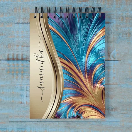 Modern Fractal Blue Gold Customized Photo Printed Notepad