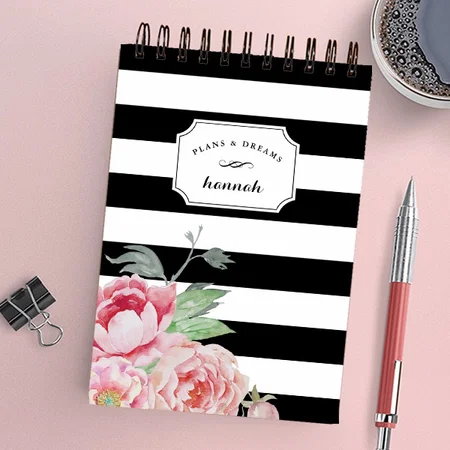 Black & White Peony Floral Stripe Customized Photo Printed Notepad