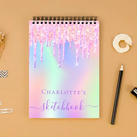Sketchbook Glitter Drips Holographic Unicorn Pink Customized Photo Printed Notepad