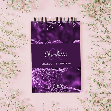 Purple Pink Agate Marble Monogram Customized Photo Printed Notepad