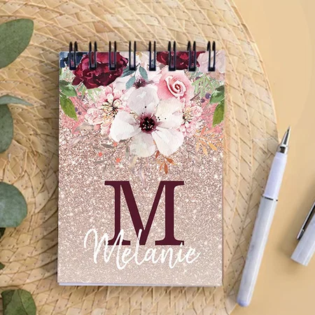 Rose Gold Pink Floral Monogram Customized Photo Printed Notepad