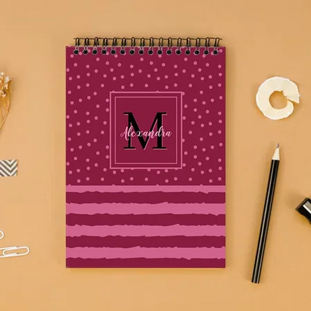 Pretty Burgundy Stripes And Dots Monogram Customized Photo Printed Notepad