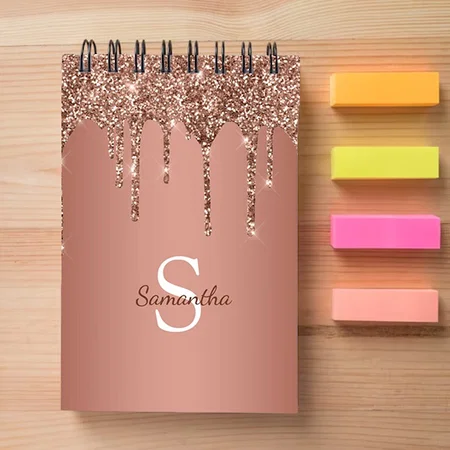 Rose Gold Glitter Sparkle Drip Monogram Customized Photo Printed Notepad