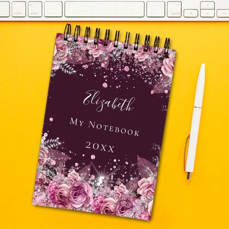 Pink Burgundy Floral Glitter Dust Customized Photo Printed Notepad