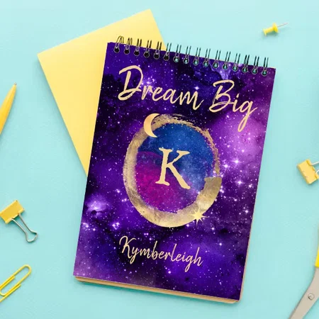 Dream Big Purple Galaxy Glam Gold Monogram Customized Photo Printed Notepad