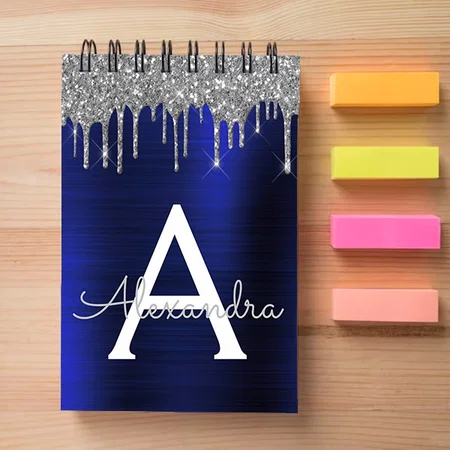 Silver Navy Blue Glitter Brushed Metal Monogram Customized Photo Printed Notepad