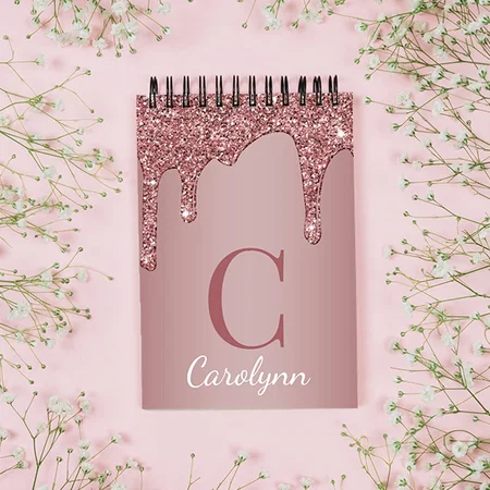 Girly Rose Gold Sparkle Glitter Drips Monogram Customized Photo Printed Notepad