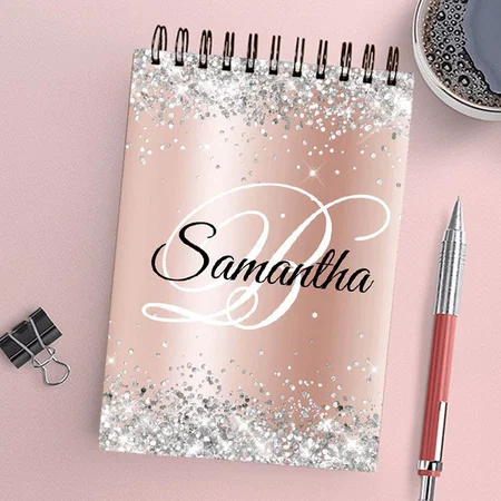 Shiny Silver Glitter Pale Rose Gold Foil Monogram Customized Photo Printed Notepad