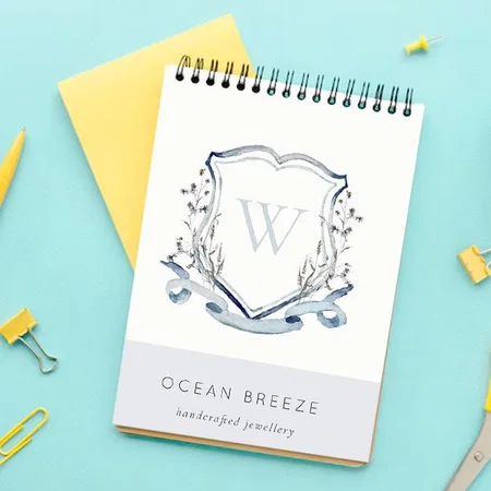 Pastel Blue Wildflower Watercolor Crest Monogram Customized Photo Printed Notepad
