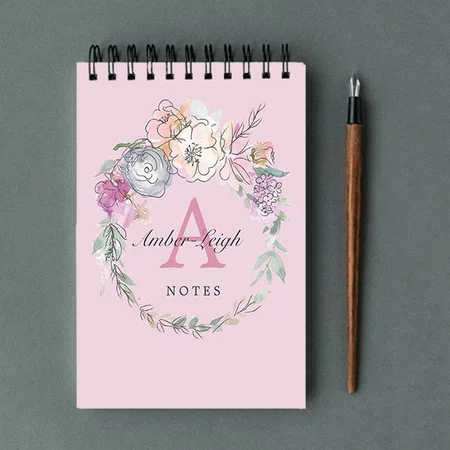 Lilac Monogram Pastel Floral Line Art Wreath Customized Photo Printed Notepad