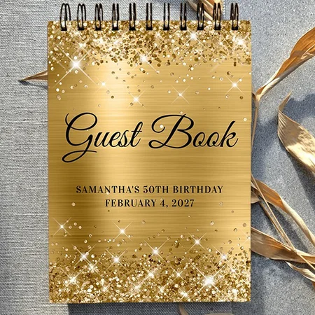 Glittery Gold Foil 50th Birthday Guestbook Customized Photo Printed Notepad