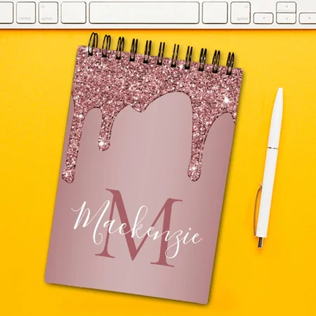 Girly Rose Gold Sparkle Glitter Drips Monogram Customized Photo Printed Notepad