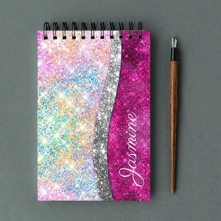 Cute Iridescent Pink Silver Faux Glitter Monogram Customized Photo Printed Notepad