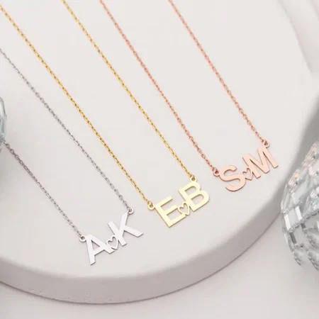 Double Initial with Heart Customized Name Necklace Pendants
