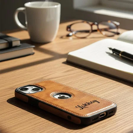 Customized Brown Leather Finish Back Cover Case for iPhone 14 Plus | Shockproof Design | Raised Edges for Camera & Screen Protection | Stunning Minimalist Design