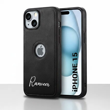 Customized Black Leather Finish Back Cover Case for iPhone 15 | Shockproof Design | Raised Edges for Camera & Screen Protection | Stunning Minimalist Design