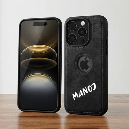 Customized Black Leather Finish Back Cover Case for iPhone 15 Pro Max | Shockproof Design | Raised Edges for Camera & Screen Protection | Stunning Minimalist Design