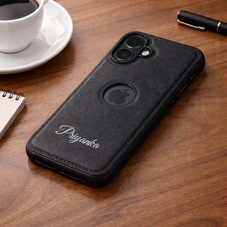 Customized Black Leather Finish Back Cover Case for iPhone 16 | Shockproof Design | Raised Edges for Camera & Screen Protection | Stunning Minimalist Design