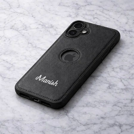 Customized Black Leather Finish Back Cover Case for iPhone 16 Plus | Shockproof Design | Raised Edges for Camera & Screen Protection | Stunning Minimalist Design