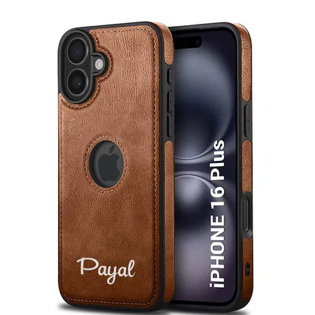 Customized Brown Leather Finish Back Cover Case for iPhone 16 Plus | Shockproof Design | Raised Edges for Camera & Screen Protection | Stunning Minimalist Design