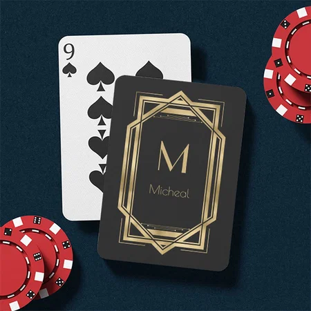 Black and Gold Geometric | Monogram & Name Customized Photo Printed Playing Cards