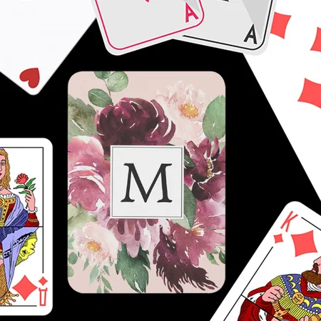 Modern Watercolor Flowers Monogrammed Customized Photo Printed Playing Cards
