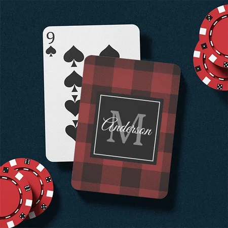 Red Buffalo Plaid | Personal Initial Customized Photo Printed Playing Cards