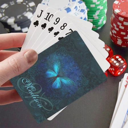 Monogrammed Blue Butterfly Customized Photo Printed Playing Cards