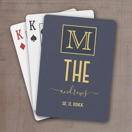 Navy Blue Gold Monogram Customized Photo Printed Playing Cards