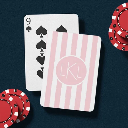 Monogrammed Pink Striped Customized Photo Printed Playing Cards