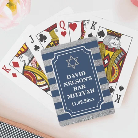 Blue, Gray Striped Customized Photo Printed Playing Cards