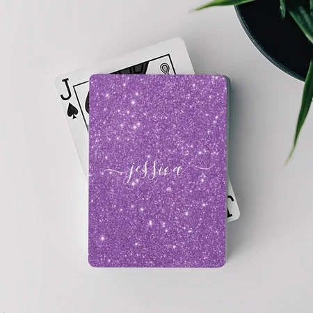 Modern Purple Glitter Script Name Customized Photo Printed Playing Cards