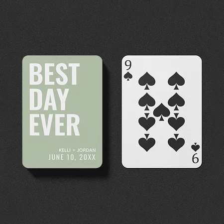 Sage Green Best Day Ever Wedding Customized Photo Printed Playing Cards