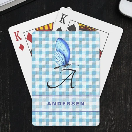 Blue Check And Blue Butterfly Customized Photo Printed Playing Cards